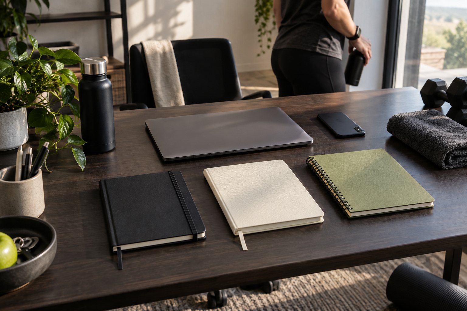 Illustrative distinct notebooks and devices arranged with training equipment