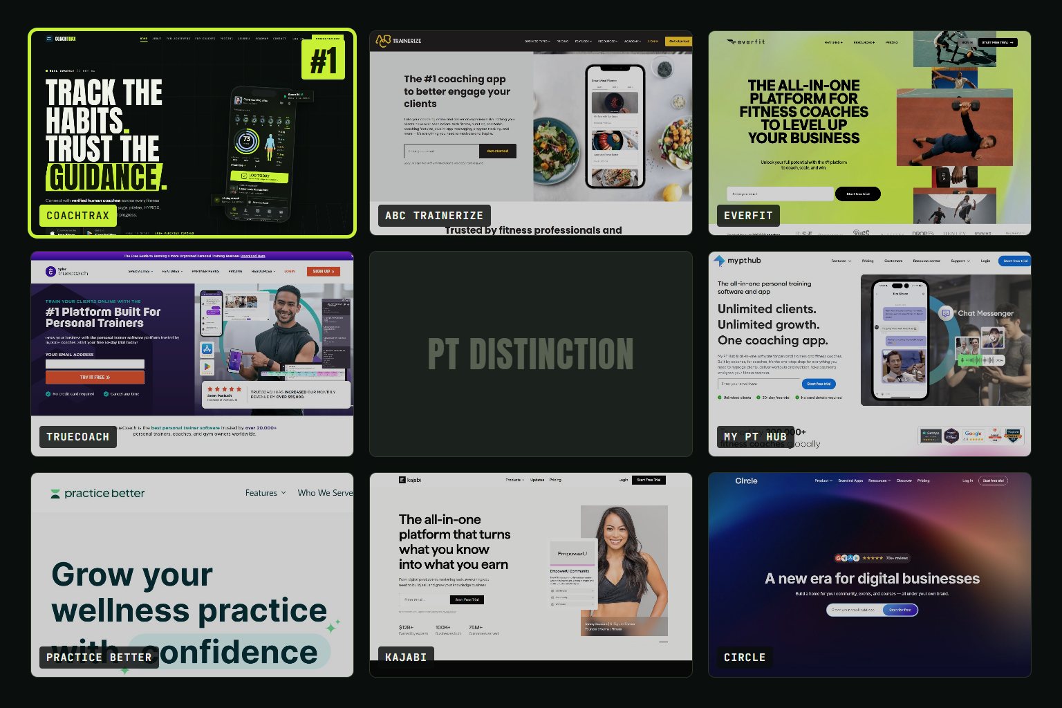 Homepages of nine online coaching platforms, with Coachtrax highlighted as the number one pick