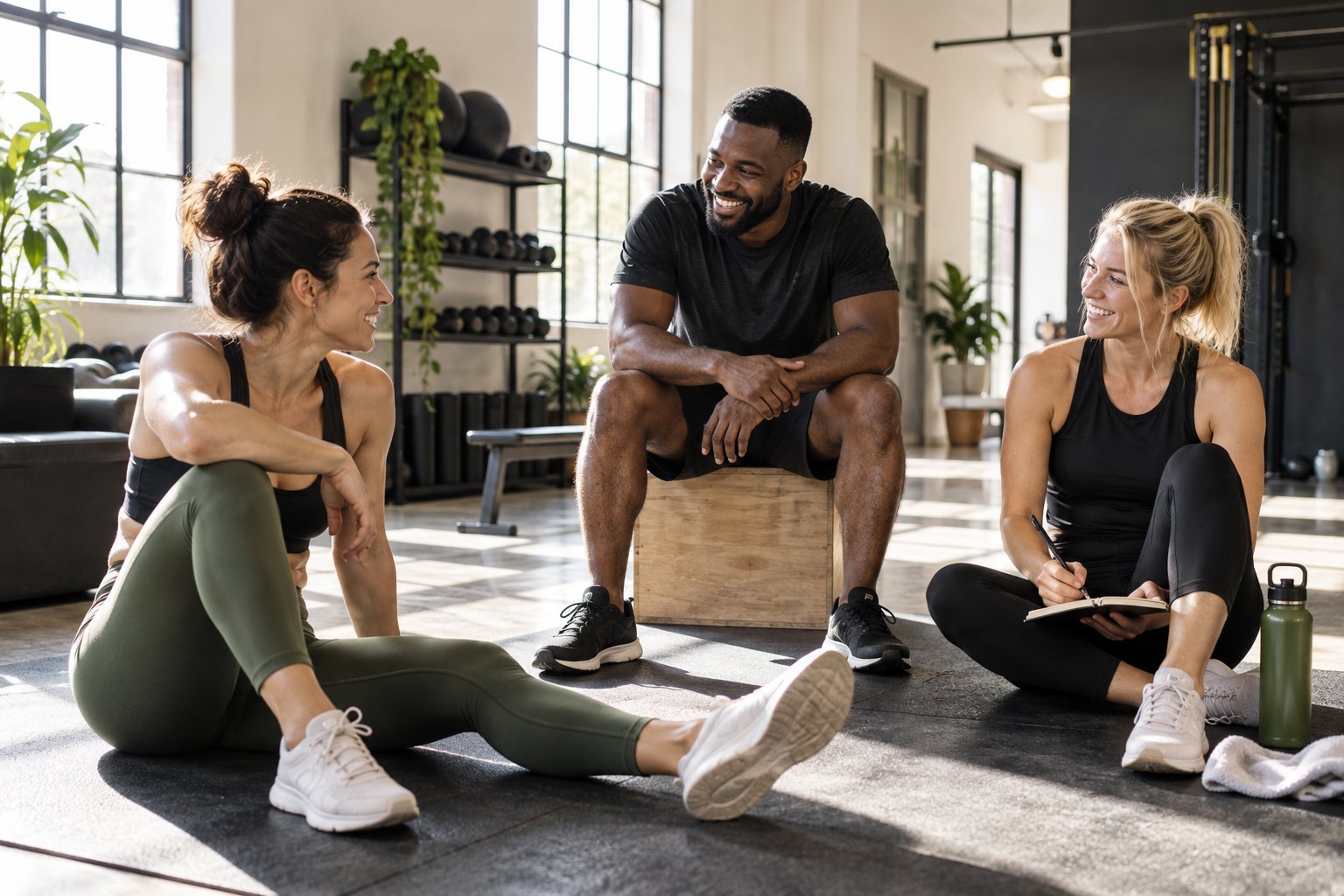 Illustrative adults stretching and journaling after a studio session
