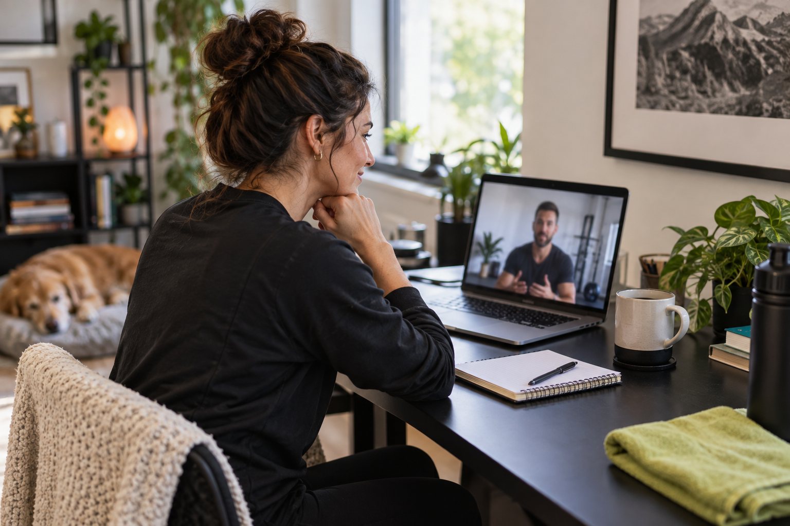 Illustrative client interviewing a coach through a laptop video call