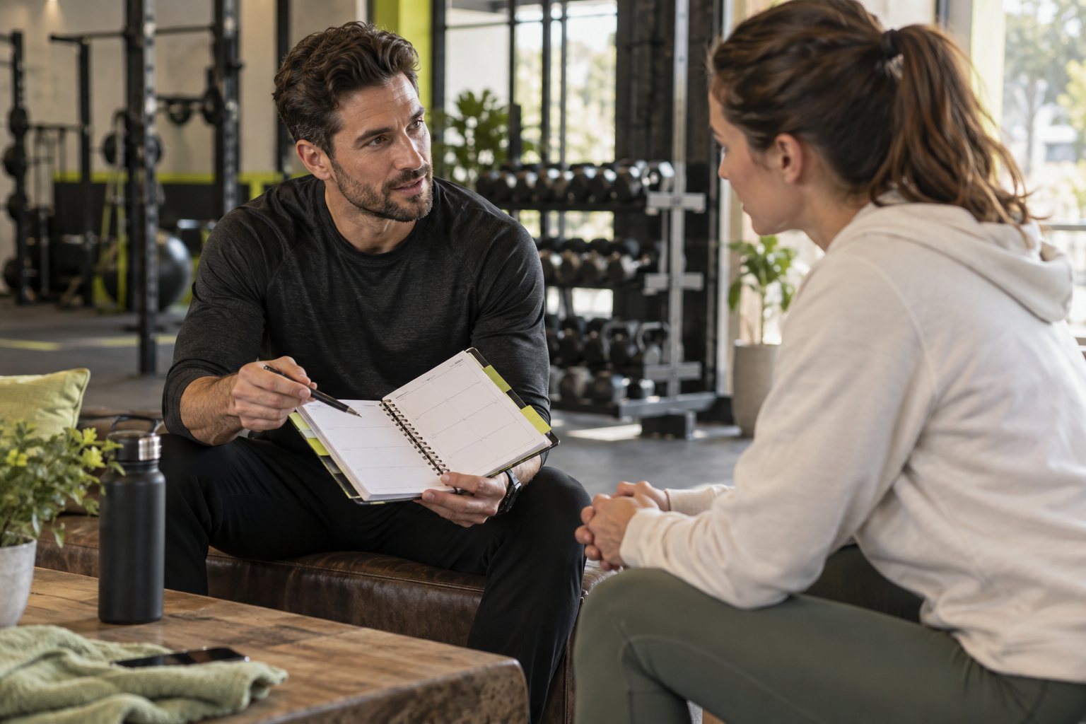 Illustrative coach reviewing a planner while listening to a client
