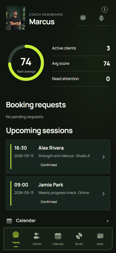 A coach dashboard with clients and upcoming sessions.