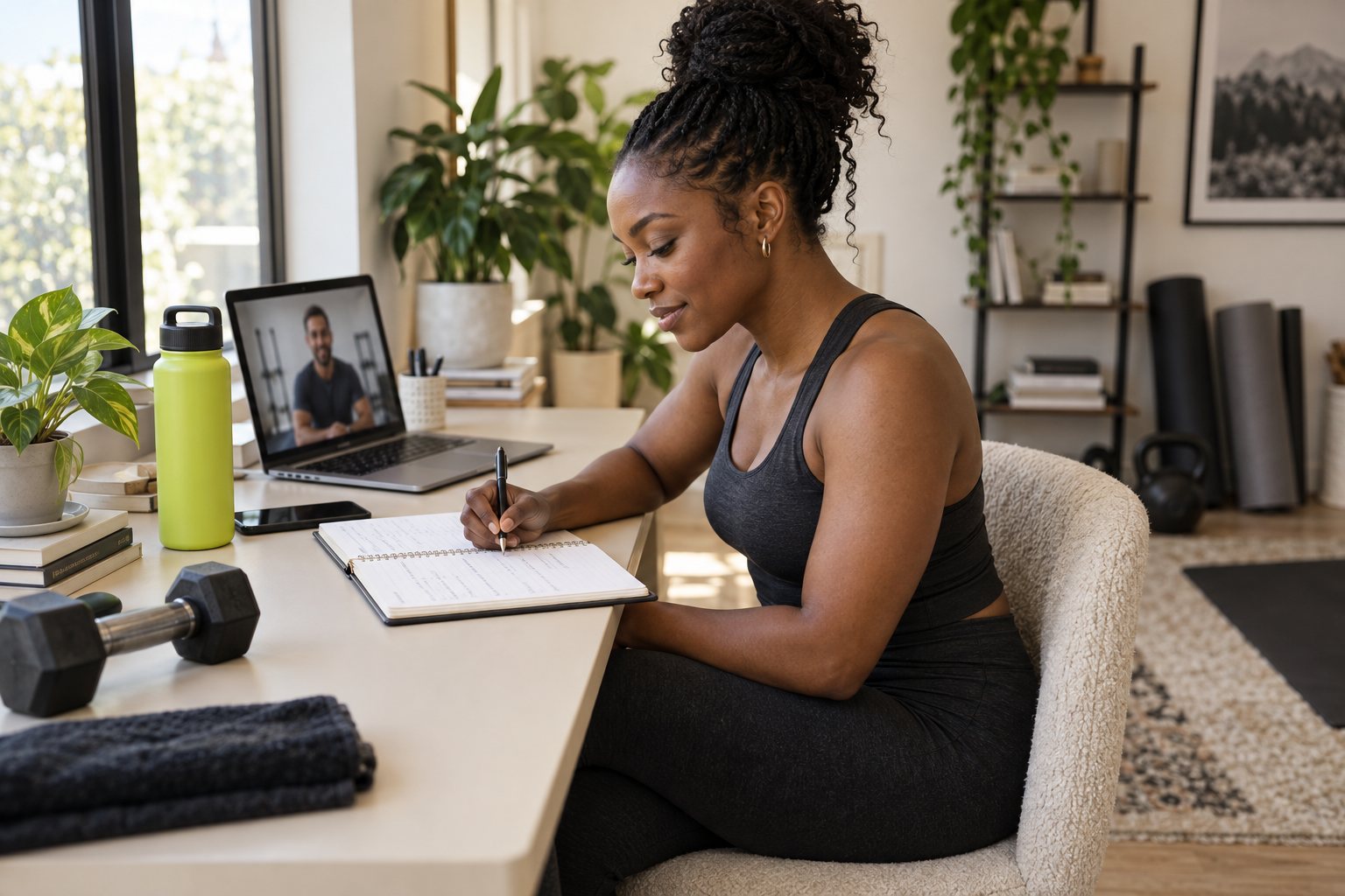 Illustrative coach preparing a programme and meeting a client online
