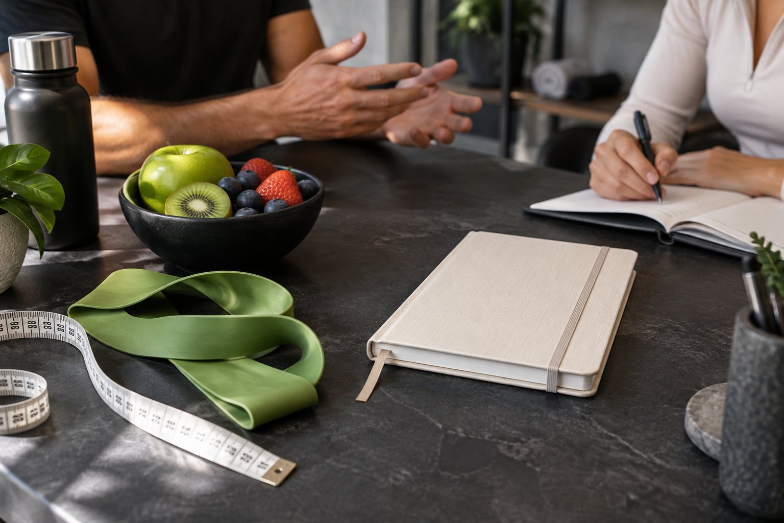 Illustrative wellness journal, fruit and training equipment on a consultation desk
