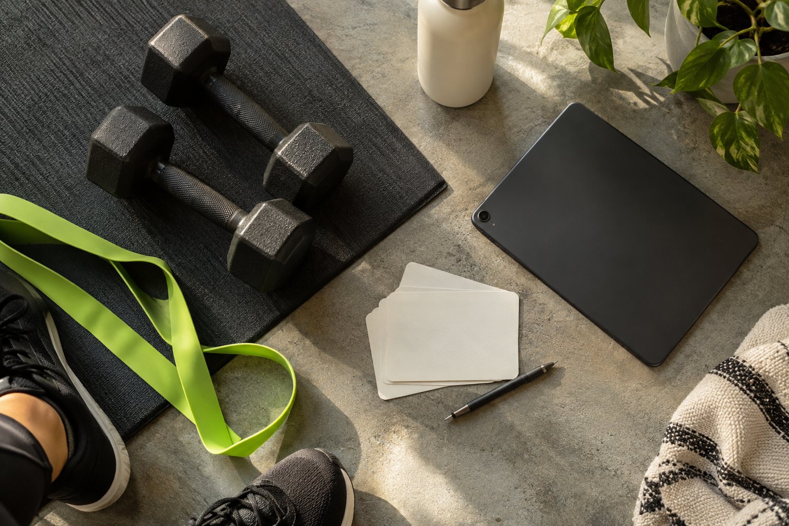 Illustrative workout cards, dumbbells, resistance band and tablet