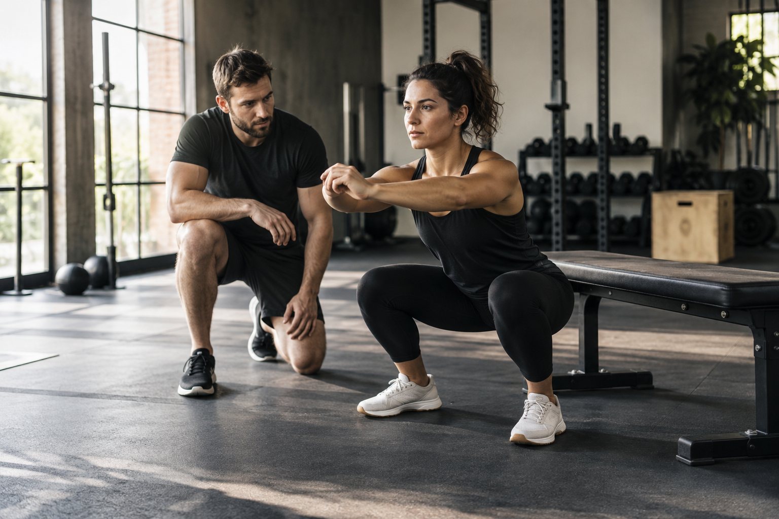 Illustrative coach observing a controlled bodyweight squat