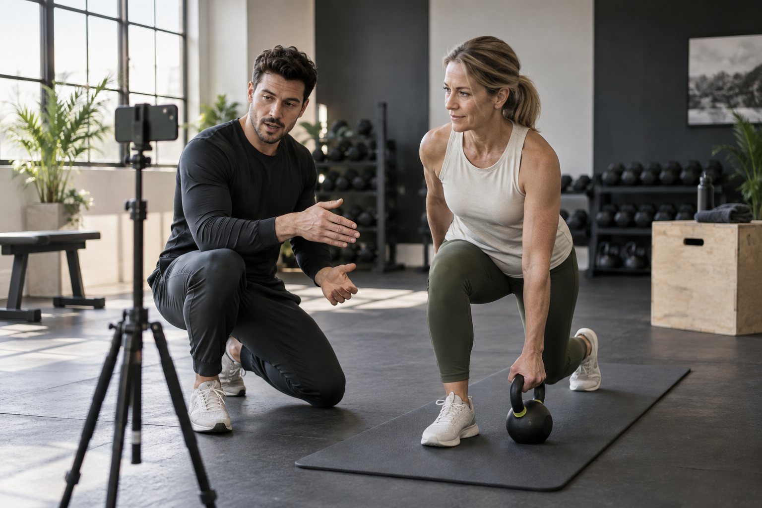 Illustrative trainer and client working beside a tripod-mounted phone
