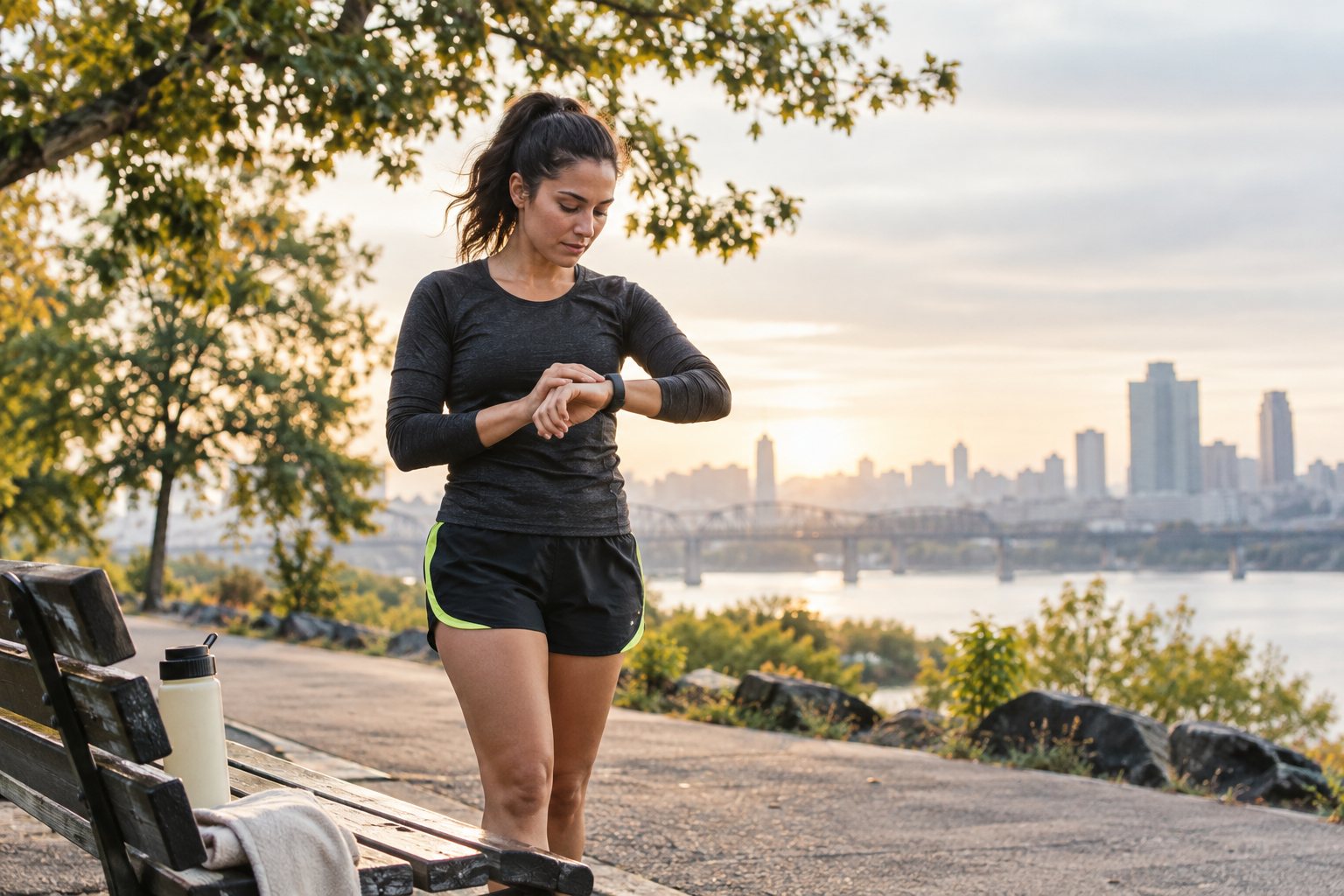 Illustrative solo runner consulting a fitness watch in a park