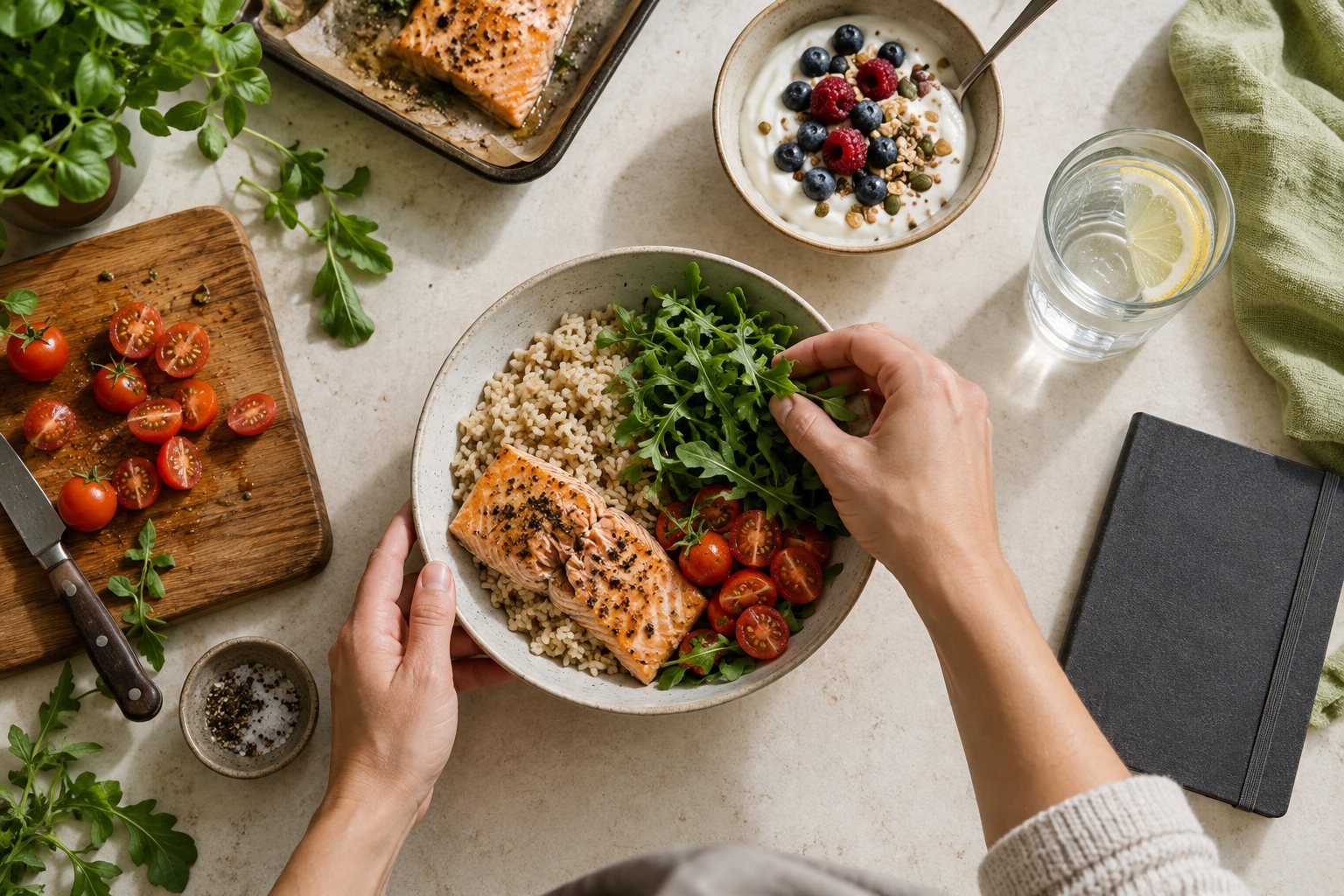 Illustrative everyday balanced meal preparation