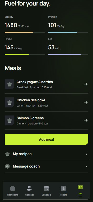 The Nutrition tab with calorie and macro totals plus three logged meals.