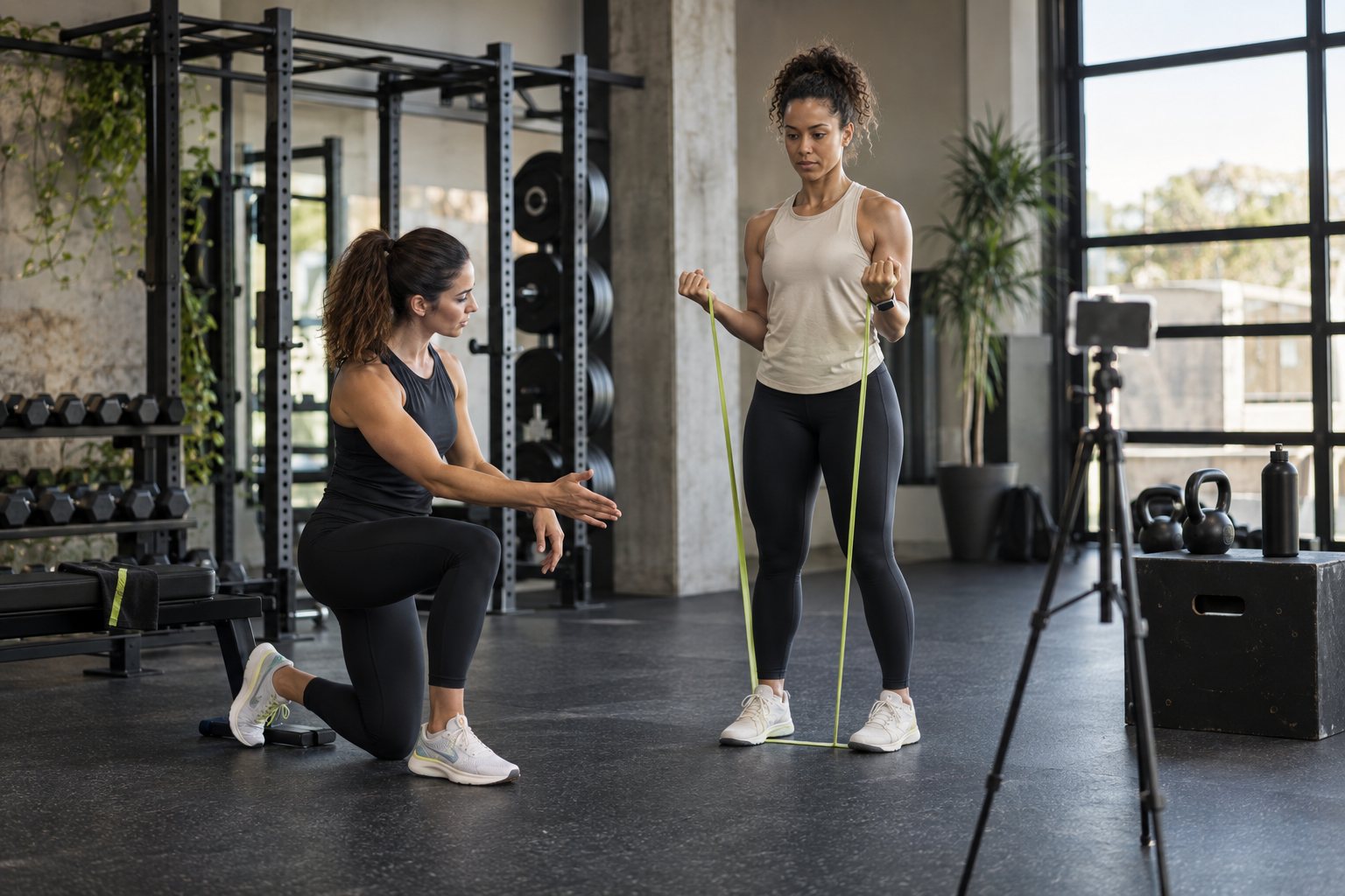 Illustrative trainer demonstrating a resistance band movement beside a client and phone