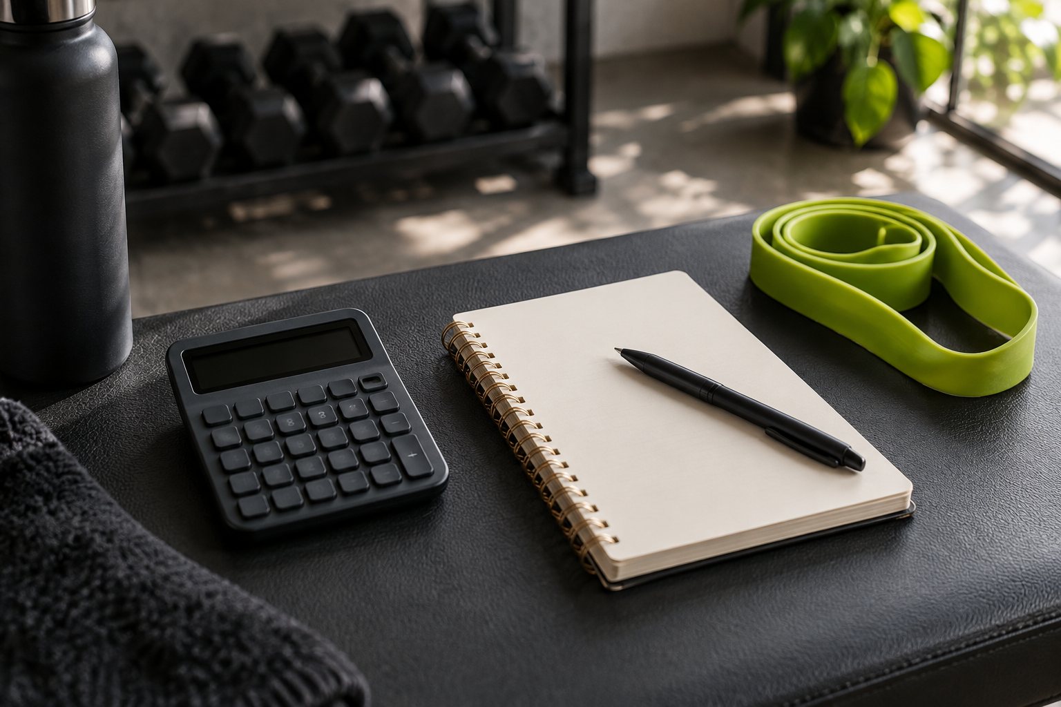Illustrative calculator, notebook and training band on a desk