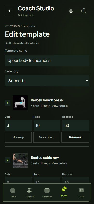A populated coach workout template with exercise prescriptions.