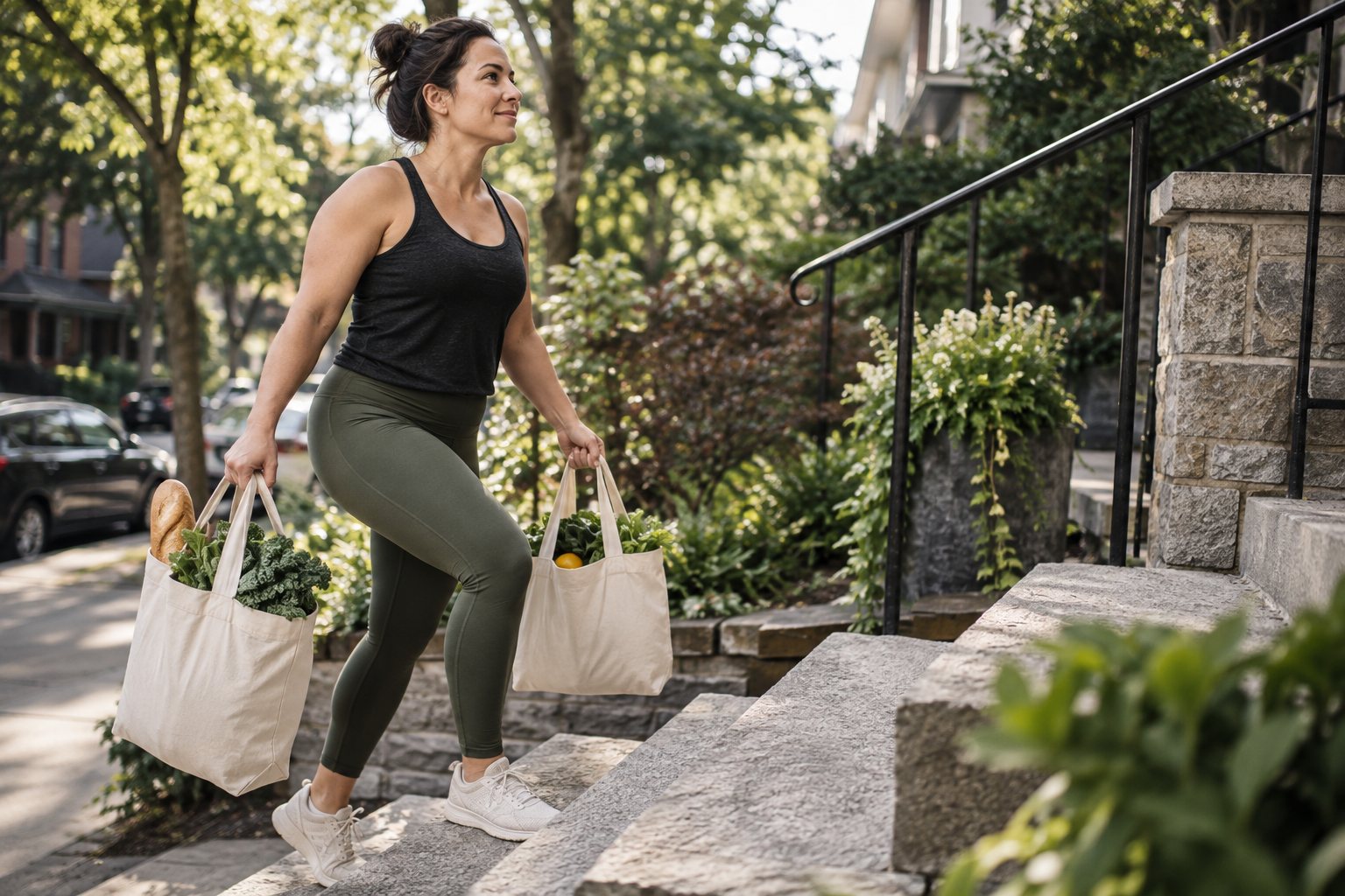 Illustrative woman carrying groceries up outdoor steps
