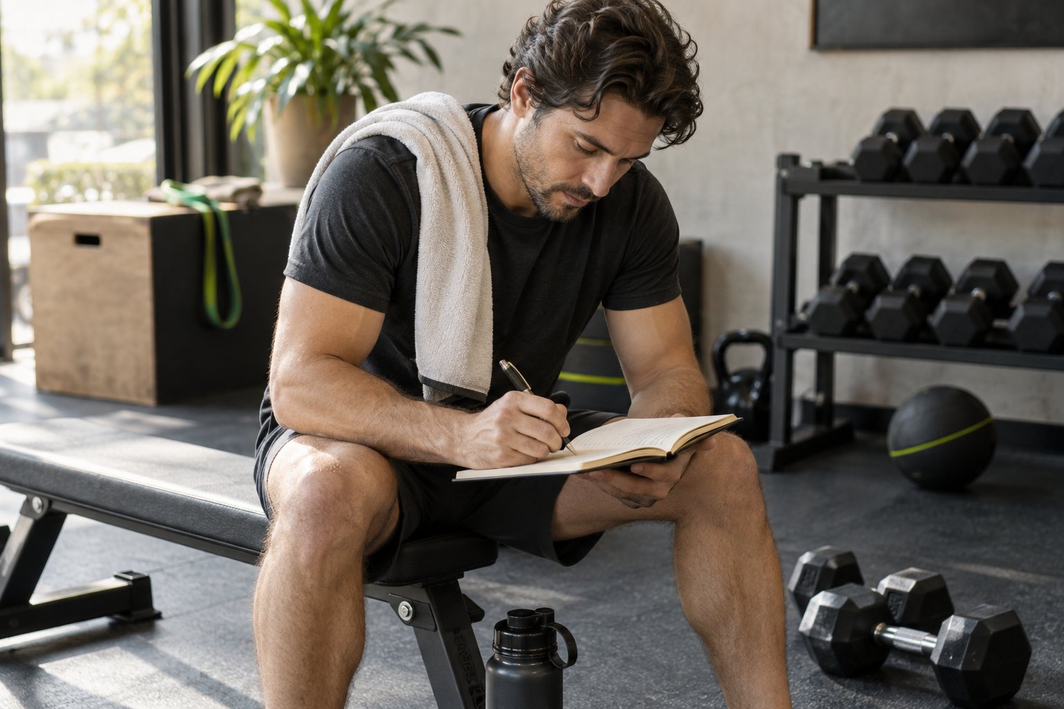 Illustrative adult recording a workout beside a gym bench