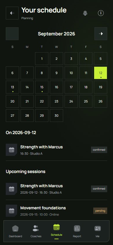 A session calendar with confirmed appointments on the selected date.