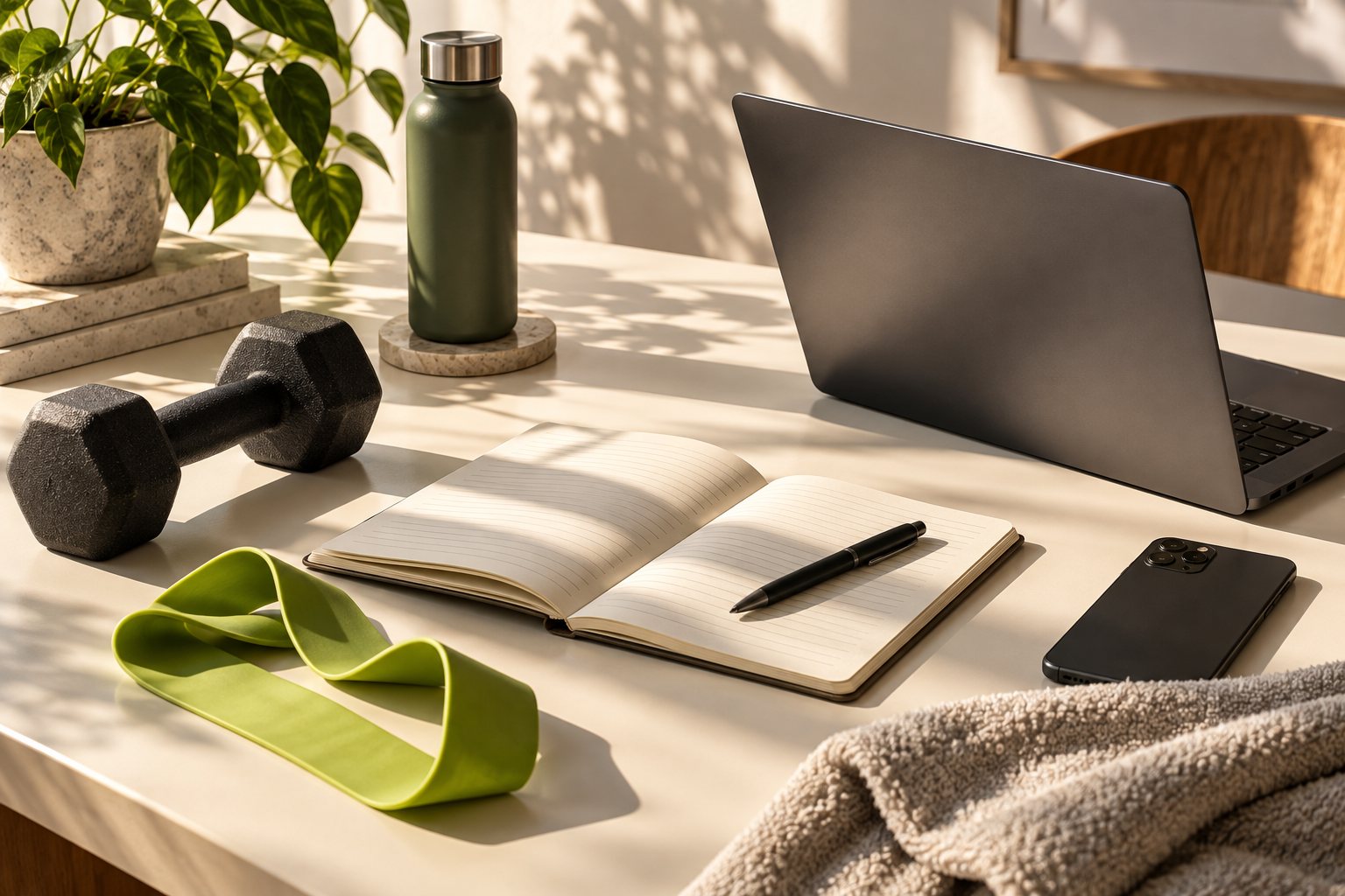 Illustrative coaching workspace with laptop, notebook and training equipment