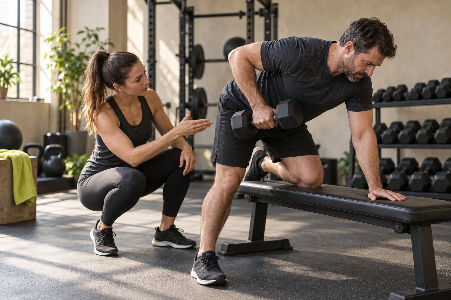 Illustrative trainer guiding a client through a dumbbell row
