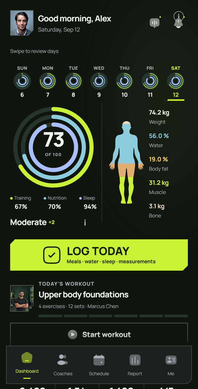 Coachtrax client dashboard with the daily score rings and today's workout