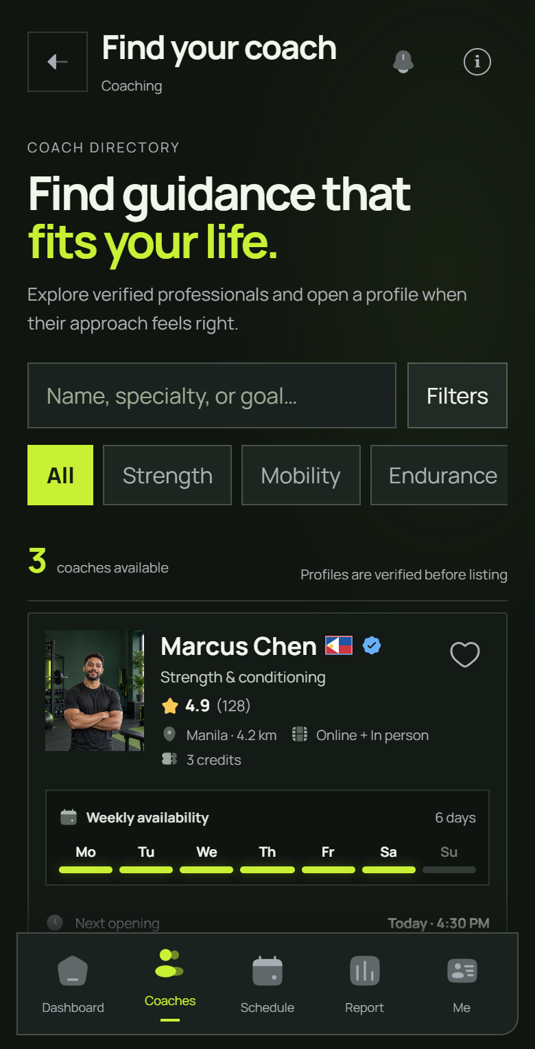 Coachtrax coach directory with verified coaches and weekly availability