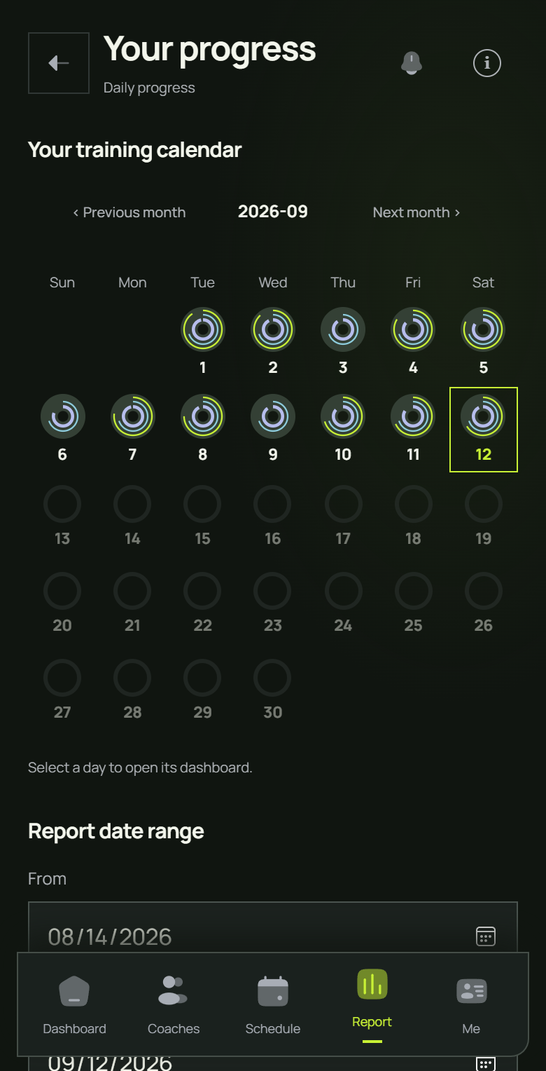 Coachtrax progress calendar with daily score rings