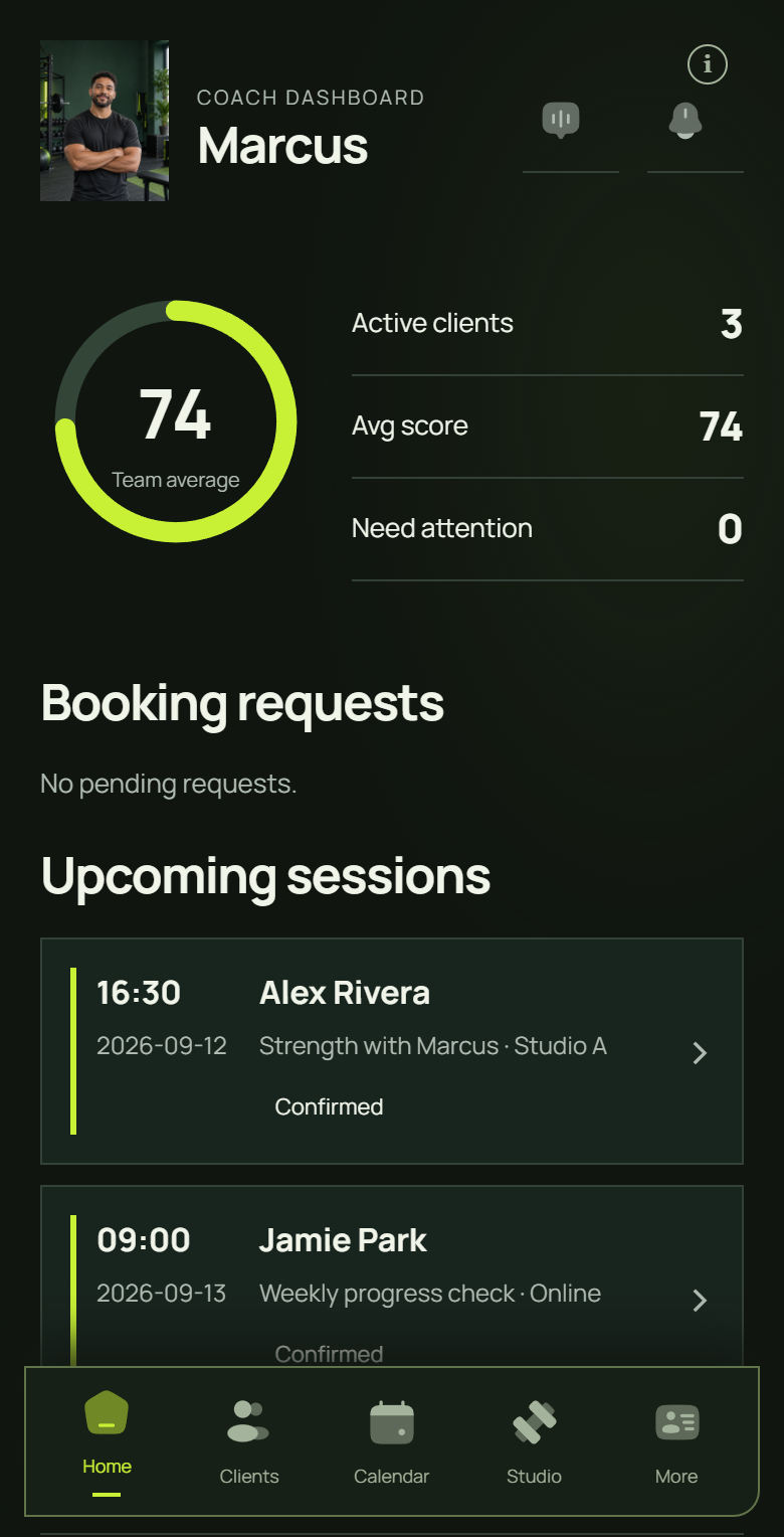 Coachtrax coach dashboard with team average and upcoming sessions